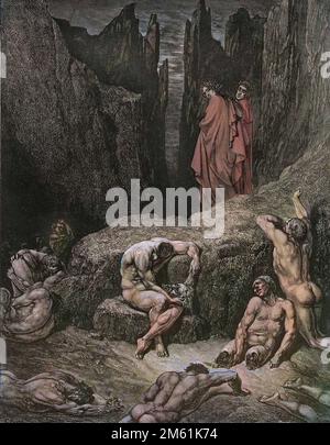 Die Göttliche Komödie von Dante Alighieri , Inferno, Canto 29 : Virgil beweist Dantes Neugier - von Dante Alighieri (1265-1321) - Illustration de Gustave Dore (1832-1883), 1885 - Colorisation digital d'apres l'originale Stockfoto