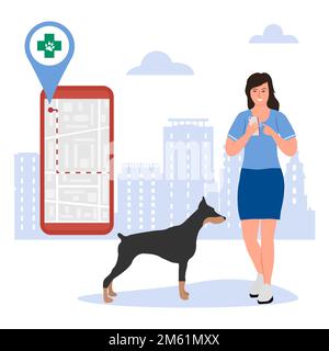 Vector Illustration Woman nutzt die Anwendung auf dem Handy für die Suche in der nächsten Tierklinik. Tierarzt Medizinische Unterstützung Haustier-Check-up Tierarzt Stock Vektor