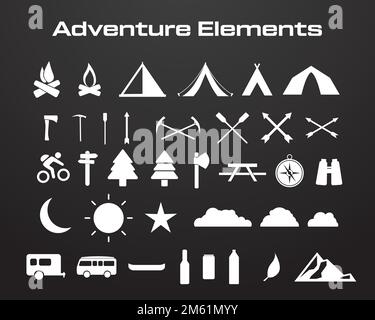 Eine Illustration einer Reihe von Abenteuerelementen, isoliert auf schwarzem Hintergrund Stock Vektor