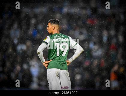 Plymouth Argyle Forward Morgan Whittaker (19) während des Spiels der Sky Bet League 1 Plymouth Argyle vs MK Dons at Home Park, Plymouth, Großbritannien, 1. Januar 2023 (Foto: Stanley Kasala/News Images) Stockfoto