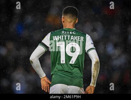 Plymouth Argyle Forward Morgan Whittaker (19) während des Spiels der Sky Bet League 1 Plymouth Argyle vs MK Dons at Home Park, Plymouth, Großbritannien, 1. Januar 2023 (Foto: Stanley Kasala/News Images) Stockfoto