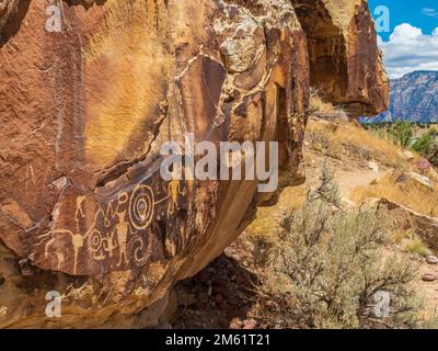 Felszeichnungen der Fremont-Indianer, Island Park Road, McKee Spring, Dinosaur National Monument, Jensen, Utah. Stockfoto