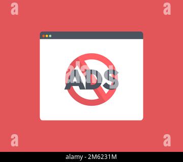 KEINE WERBUNG im Webbrowser. Roter, durchgestrichener runder Knopf. Werbezeichen, Verboten, Verbotenes Werbesymbol, Werbesymbol entfernen, Werbezeichen blockieren. Stock Vektor
