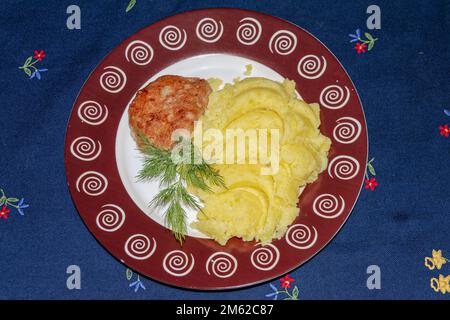 Hausgemachter Kartoffelpüree mit Hühnerschnitzel und einem Dillzweig auf einem Teller. Draufsicht. Stockfoto