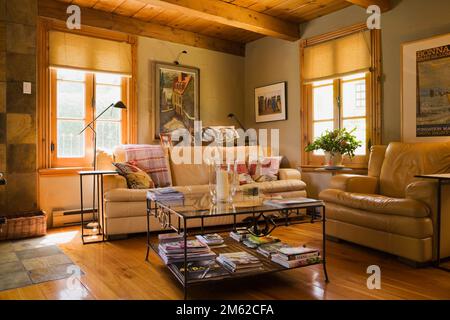 Cremefarbene und senffarbene Ledersofas und Glastisch im Familienzimmer mit lackierten Dielen in 1977 gebautem Blockhaus. Stockfoto