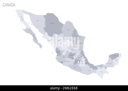 Politische Karte Mexikos der Verwaltungsabteilungen - Staaten und Mexiko-Stadt. Graue Vektorkarte mit Beschriftungen. Stock Vektor