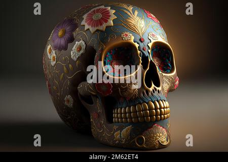 Calavera (mexikanischer Zuckerschädel), bunter, blumiger Schädel für Dia de los muertos (Tag der Toten) Stockfoto