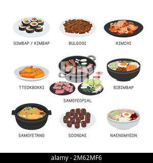 Koreanisches Food-Vektorset. Berühmte Gerichte in Korea, Flachvektordarstellung, Clipart-Cartoon. Kimchi, Sundae, Tteokbokki, Bulgogi, Kimbap. Asiatisches Essen Stock Vektor