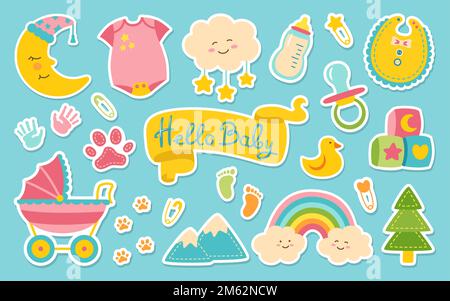 Baby-Neugeborene-Kinderzimmer-Gegenstände-Sticker-Set. Geburtstagskind Gedächtnis-Sammelalbum-Tagebuch-Patch-Kit. Accessoire-Kollektion für Kinder – Symbol und Icon Handgezeichnete Dekoration niedlicher Regenbogenmond, Wolke, Nippel, Fußabdruck Stock Vektor