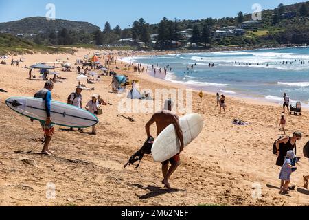 Zwei ältere grauhaarige Männer mittleren Alters tragen ihre Surfbretter in Avalon Beach, Sydney, Australien Stockfoto