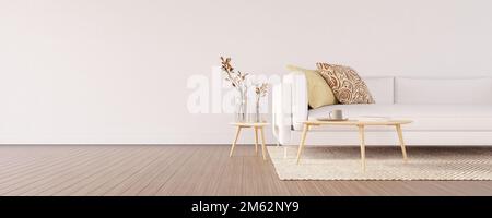 Weiße Betonwand mit modernen Möbeln, minimalistisches Innendesign, 3D-Putz Stockfoto