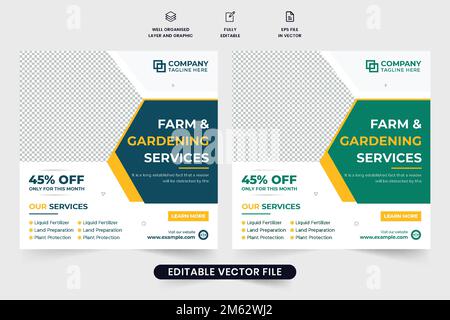 Farm- und Gartenservice – Postvektor in sozialen Medien mit blauen und gelben Farben. Poster „Agrar Service Discount“ für Marketing. Rasenmähen und la Stock Vektor