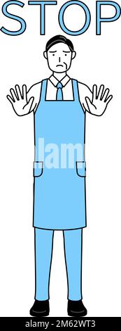 Ein älterer Mann in einer Schürze, mit der Hand vor seinem Körper, um anzuhalten. Stock Vektor