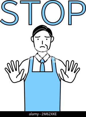 Ein älterer Mann in einer Schürze, mit der Hand vor seinem Körper, um anzuhalten. Stock Vektor