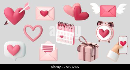 3D Ikonen aus der romantischen Kollektion. Herzen, Liebesbriefe und Geschenke. Konzept des Liebestags, Valentinstag, Social-Media-Likes, Hochzeitsveranstaltung. 3D-Rendering in hoher Qualität isoliert Stockfoto