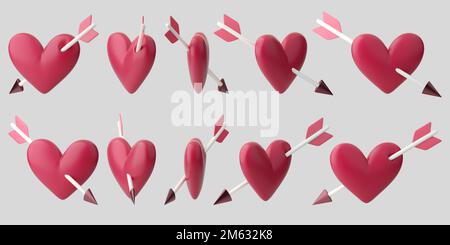 3D Herz durchstochen mit Pfeilsymbolen. Konzept der Amor-Liebe, Valentinstag, Hochzeitseinladung. isoliertes 3D-Rendering in hoher Qualität Stockfoto