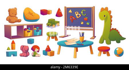 Kindergartenzimmer mit Kindertisch, Stuhl, Spielzeug, Tafel und Regalen. Kinderspielzimmer mit Kindermöbeln, Bausteinen und Plüschspielzeug, Vektorgrafik in zeitgenössischem Stil Stock Vektor