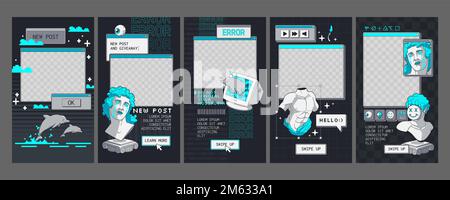 Satz von Software-Fenstern im Retro-Stil, Design von Social-Media-Apps für mobile Geräte. Vektordarstellung groovy Hintergründe im 90s-Stil mit psychedelischen antiken Statuen, altem Cursor, Schaltflächen und PNG-Rahmen Stock Vektor