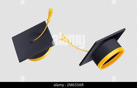 Die Graduierungskappen in die Luft werfen. Fliegende schwarze Akademiehüte mit gelber Seilquaste isoliert auf transparentem Hintergrund, 3D-Vektordarstellung, Winkelansicht Stock Vektor