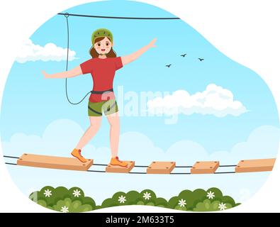 Seilrutschen-Illustration mit Besuchern, die auf einem Hindernisparcours spazieren gehen, und Outdoor Rope Adventure Park in Forest in Flat Cartoon Hand Drawn Templates Stock Vektor