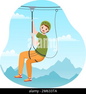 Seilrutschen-Illustration mit Besuchern, die auf einem Hindernisparcours spazieren gehen, und Outdoor Rope Adventure Park in Forest in Flat Cartoon Hand Drawn Templates Stock Vektor