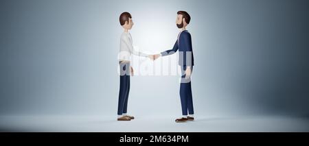 Geschäftsmann-Cartoon-Figur, die sich die Hände schüttelt, isoliert auf hellblauem Hintergrund. 3D-Rendering Stockfoto