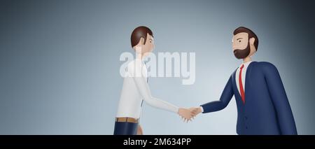 Geschäftsmann-Cartoon-Figur, die sich die Hände schüttelt, isoliert auf hellblauem Hintergrund. 3D-Rendering Stockfoto