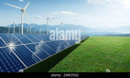 Sonnenkollektoren und Windgeneratoren unter blauem Himmel. Konzept für umweltfreundliche, saubere und nachhaltige Energie. 3D-Rendering Stockfoto