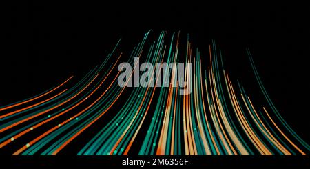 Wellenlinien fließen dynamisch in Grün und Orange, isoliert auf schwarzem Hintergrund. KI-Technologie, Wissenschaft, digitales und Kommunikationskonzept. Stockfoto