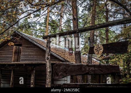 Altes Holzhaus in einem tiefen Wald. Stockfoto