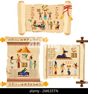 Alte ägyptische Papyrus-Scroll-Cartoon-Vektorsammlung mit Hieroglyphen und ägyptischen Kultursymbolen, antiken Göttern, Pyramiden, Skarabäen und menschlichen Figuren. Mit roter Schnur dekoriert und isoliert
