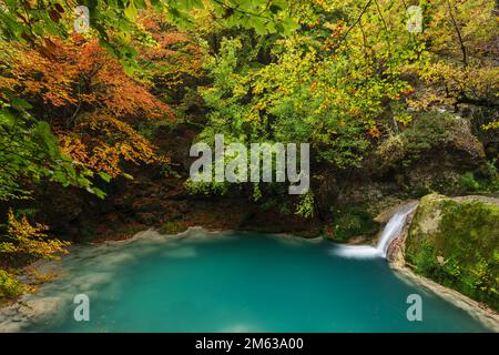 Urederras nisten in Navarra mit klarem türkisfarbenem Wasser und strömenden Wasserströmen inmitten üppiger Wälder Stockfoto