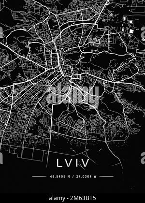 Karte der Ukraine, Lemberg, Stadtplan, Grenzen, wichtige Städte, Flüsse und Seen. Layout und Skalierung. Längen- und Breitengrad. Stadtplan. Hochwertiges Foto Stockfoto