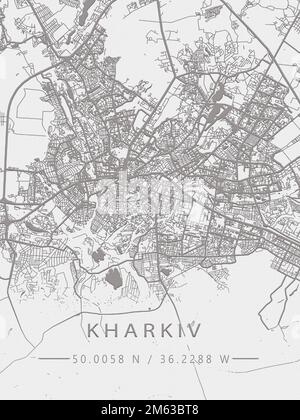 Karte der Ukraine, Charkov, Stadtplan, Grenzen, wichtige Städte, Flüsse und Seen. Layout und Skalierung. Längen- und Breitengrad. Stadtplan. Hochwertiges Foto Stockfoto