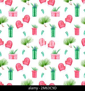 Handgezeichnet, wasserfarbenes weihnachtliches Nahtloses Muster. Symbol für Weihnachten und Neujahr, dekoratives Element. Sammelalbum, Textil, Stoff, Banner, Postkarte Stockfoto