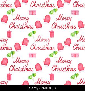 Handgezeichnet, wasserfarbenes weihnachtliches Nahtloses Muster. Symbol für Weihnachten und Neujahr, dekoratives Element. Sammelalbum, Textil, Stoff, Banner, Postkarte Stockfoto