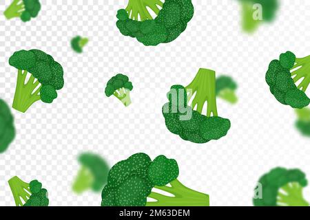 Brokkoli-Hintergrund. Fliegender frischer Brokkoli-Kohl auf transparentem Hintergrund. Flaches Design. Fallender Brokkoli, isoliertes Gemüse. Naturprodukt. Vect Stock Vektor
