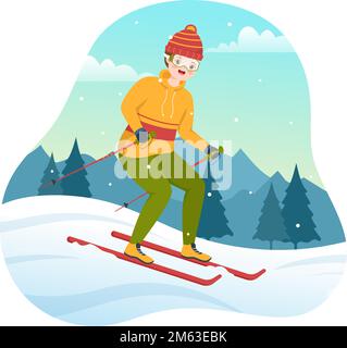 Ski-Illustration mit Skifahrern, die in der Nähe des Berges rutschen und im Skigebiet in flachen Wintersportaktivitäten handgezeichnete Cartoon-Vorlagen bergab fahren Stock Vektor