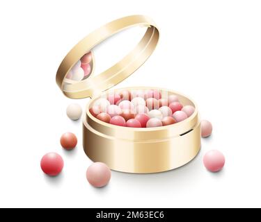 Blusher Bälle, Pulverbälle in rundem goldenen Gehäuse mit Spiegel, farbenfrohe rote Ballons, realistische 3D-Vektordarstellung, isoliert auf weißem Hintergrund. D Stock Vektor