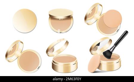 Satz Kosmetikpulver im Gesicht in goldfarbenem, rundem Kunststoffgehäuse mit Spiegel, mit Pulverbürste und Schwamm. Realistische 3D-Vektordarstellung, isoliert ein Stock Vektor