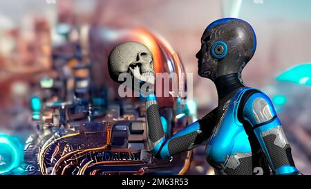 Futuristische weibliche Androiden mit einem menschlichen Schädel und surrealem technologischem Hintergrund - 3D-Rendering Stockfoto
