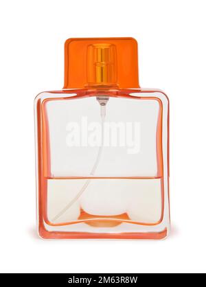 Transparente Parfüm-Flasche isoliert auf weiss Stockfoto