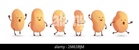 Cartoon-Kartoffel. Lustige Tuberkelfiguren mit lächelnden Gesichtern, süße Gemüse-Vorspeisen mit verschiedenen Emotionen. Vektor farbenfrohe Zeichentrickfilme mit Essensrezept, Kartoffel mit Lächelfigur Stock Vektor