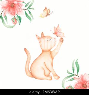 Rote Hauskatze mit Schmetterlings- und Blumenkarte. Süßes Kätzchen, das Schmetterlinge fängt. Handgezeichnete Aquarell-Illustration Stockfoto