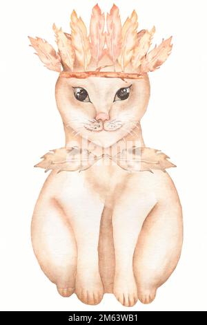 Rote Hauskatze mit Federkrone und Federbinde. Süße Katzen im Hintergrund. Handgezeichnete Aquarell-Illustration Stockfoto