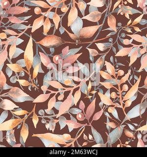 Nahtloses Aquarellmuster mit Blumen in trendigen neutralen Farben auf braunem Hintergrund. Moderne Farben. Handgemalte Muster mit Blumendekoration Stockfoto