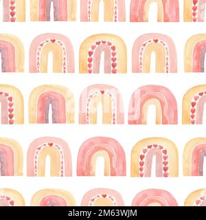 Abstraktes wasserfarbenes Nahtmuster mit handbemalten Regenbögen. Kunst im Kinderzimmer im trendigen skandinavischen Stil. Zeitgenössische Kunst Stockfoto