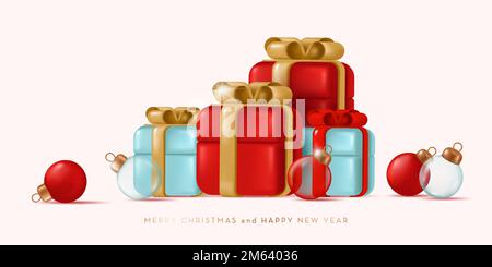 Geschenkschachteln mit Schleife und dekorativen Kugeln. Realistische Vektordarstellung im 3D-Stil Stock Vektor