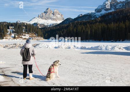 Sehr schöner Misurina See und Sexten Dolomiten oder Dolomiti di Sesto, Südtirol Region der Alpen während der Wintersaison mit Schnee Stockfoto