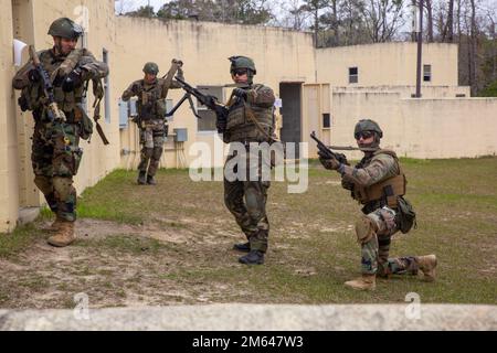 Die niederländischen Marines mit der Marinegeschwader Carib erhalten während einer militärischen Operation in Urban Terrain Training Übung, Camp Lejeune, N.C., 31. März 2022 simuliertes feindliches Feuer. Diese Marines führten Trainingsszenarien durch, um ihre Fähigkeiten und ihre Koordination in einem städtischen Umfeld zu verbessern und zur Interdependenz mit Verbündeten und Partnern beizutragen. Camp Lejeune, niederländische Marines, MOUT, Marine Squadron Carib, Marines, Stockfoto